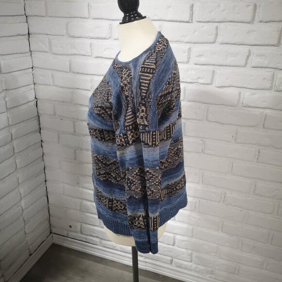 Chaps Denim Ladies Size Large Blue & Tan Linen Blend 3/4 Sleeves Sweater - Picture 6 of 9